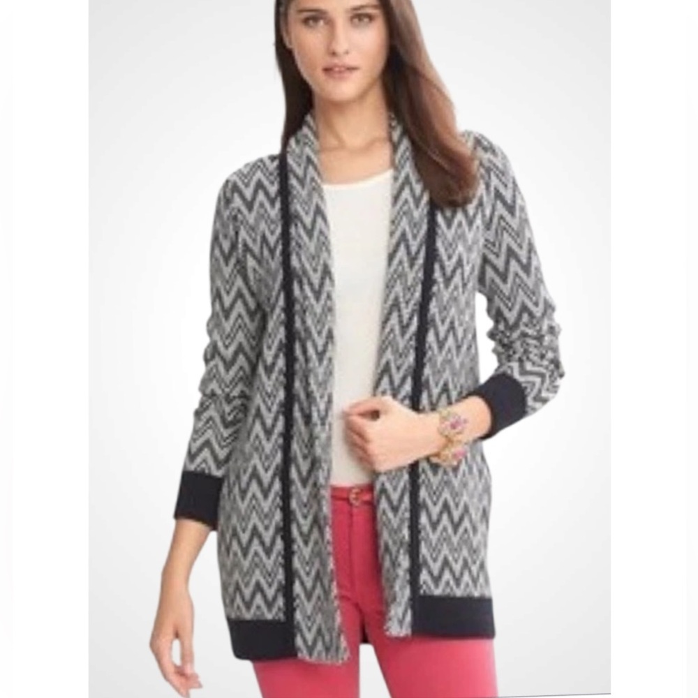 Banana Republic Navy Blue & White Merino Wool Chevron Print Cardigan Sweater S